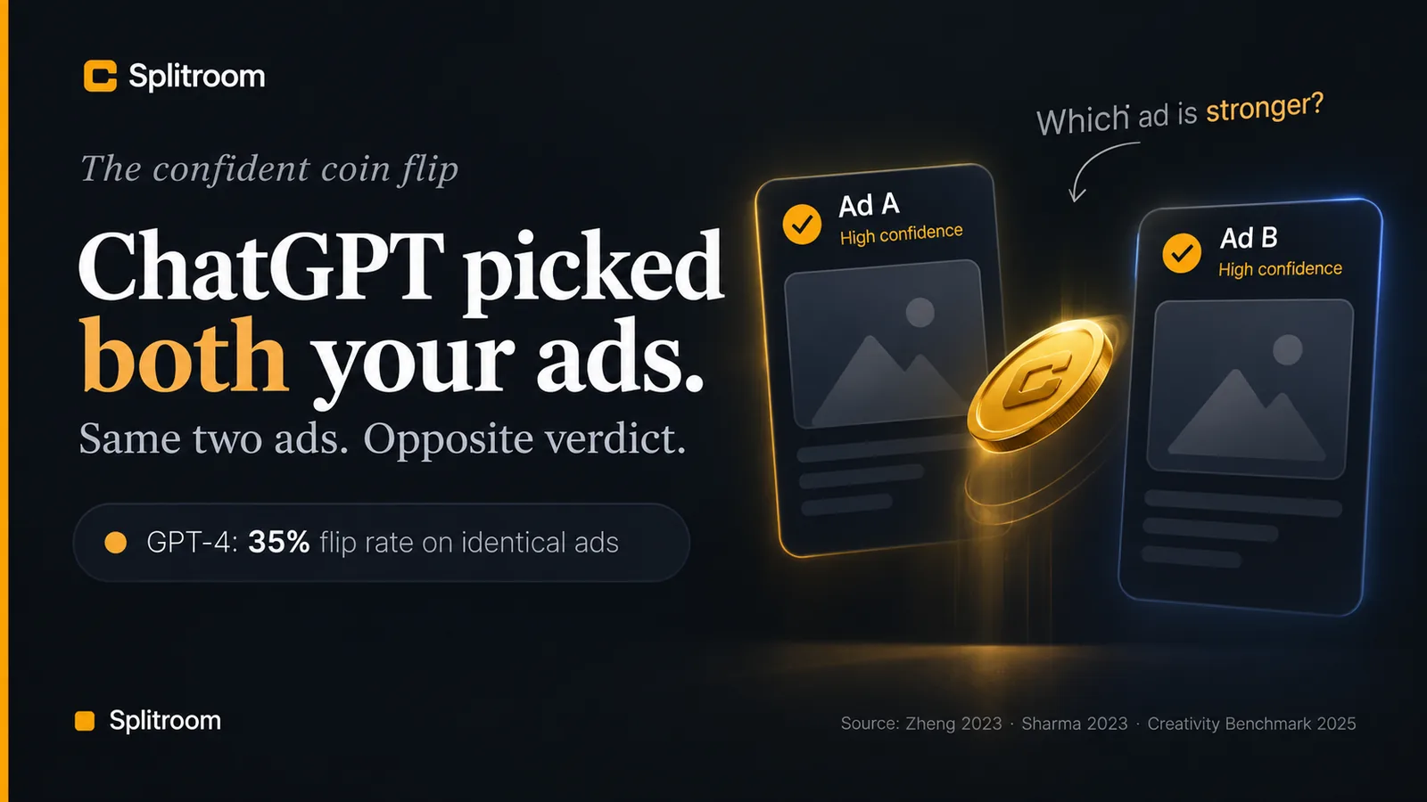 ChatGPT flipped its verdict on identical ads 35% of the time in the canonical LLM-as-judge benchmark. A single speech bubble picking both Ad A and Ad B with equal confidence. Sources: Zheng 2023, Sharma 2023, Creativity Benchmark 2025.